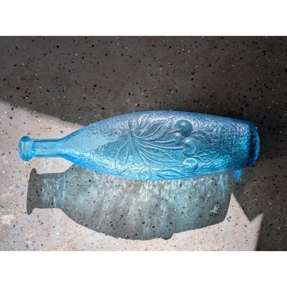 Vintage Aqua Blue Glass Bottle Embossed Cherry Leaf Textured Decorative Vase 13"